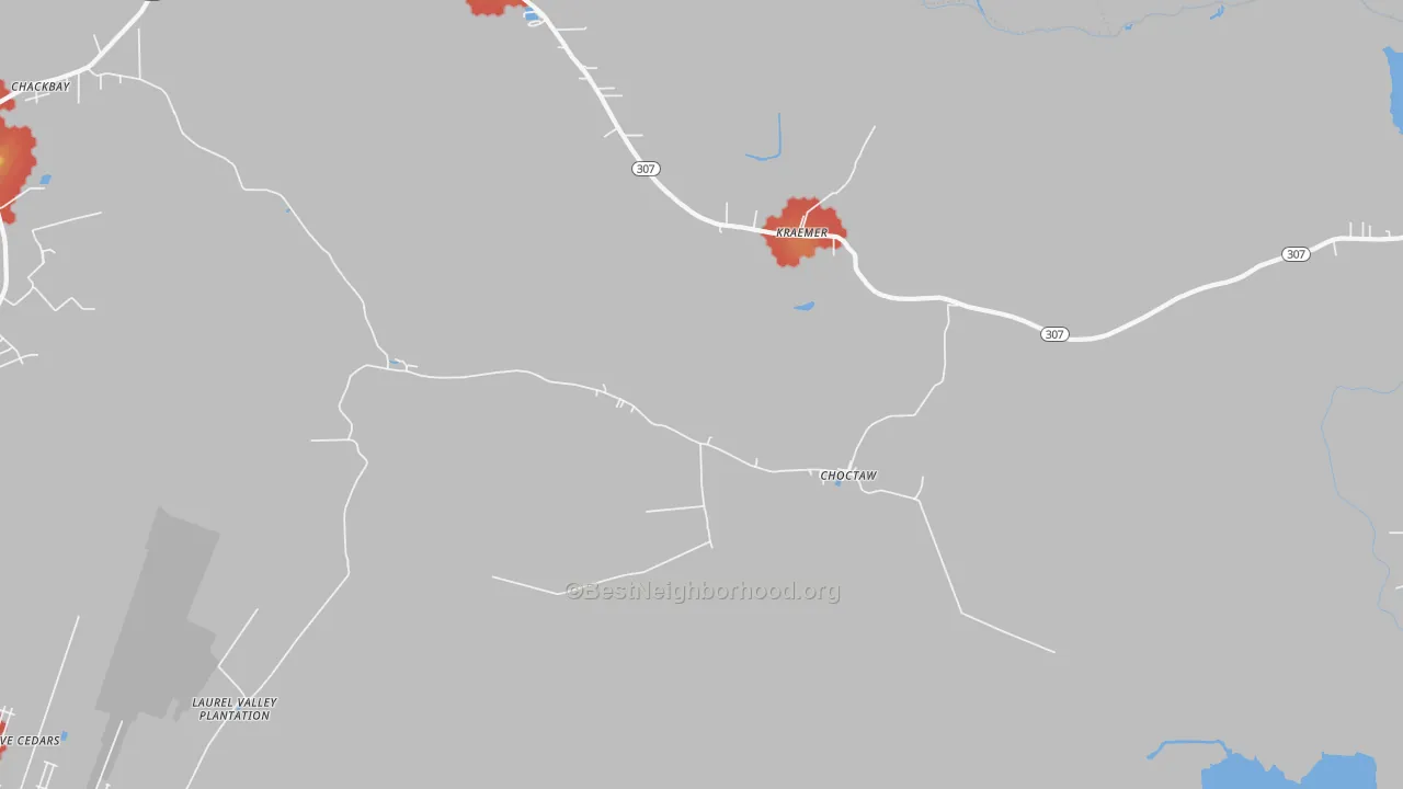 Walk Grade map of Choctaw, LA, walkable areas in green and car-dependent areas in red