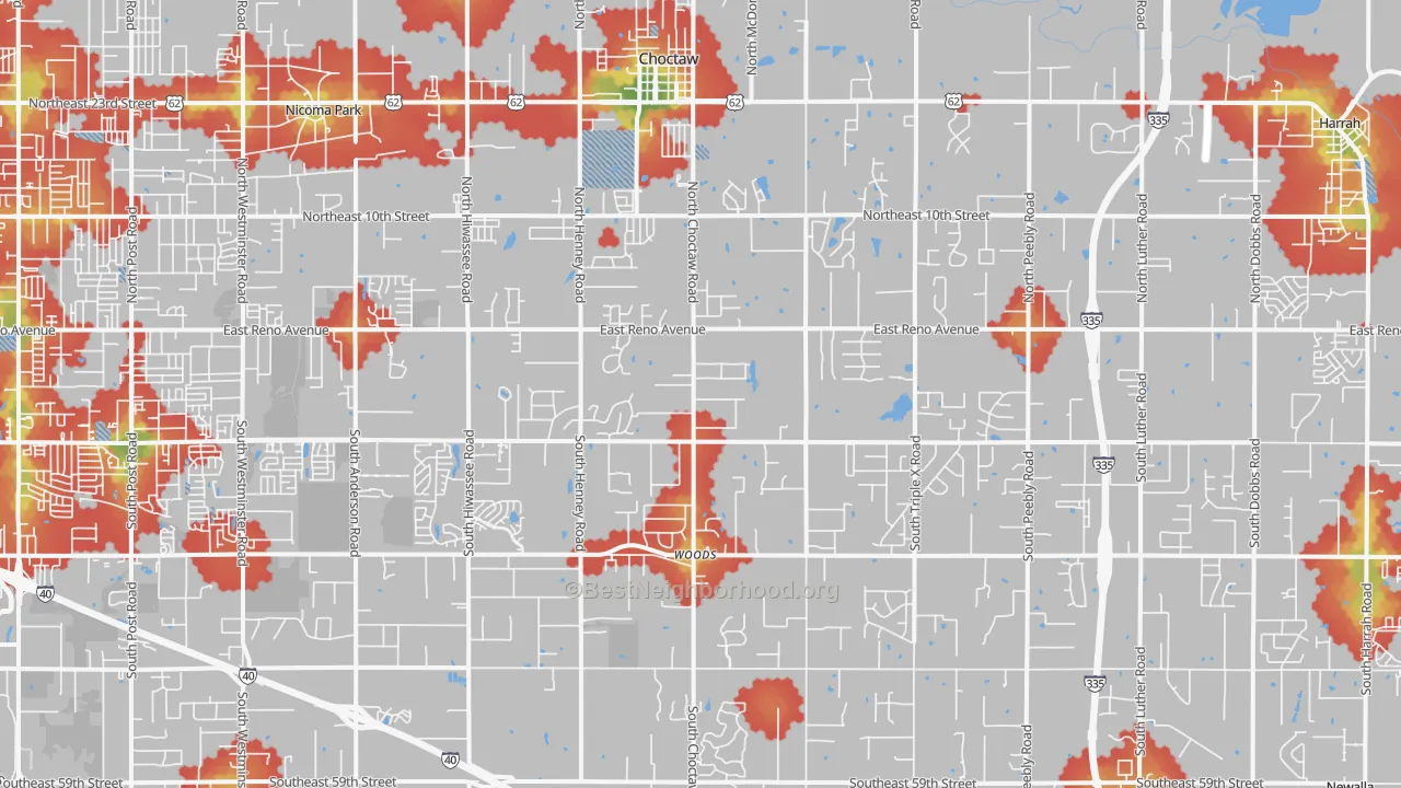 Walk Grade map of Choctaw, OK, walkable areas in green and car-dependent areas in red