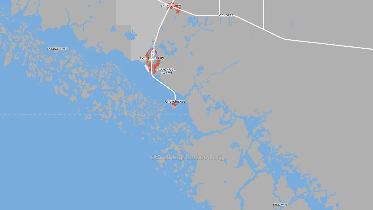 Walk Grade map of Chokoloskee, FL, walkable areas in green and car-dependent areas in red