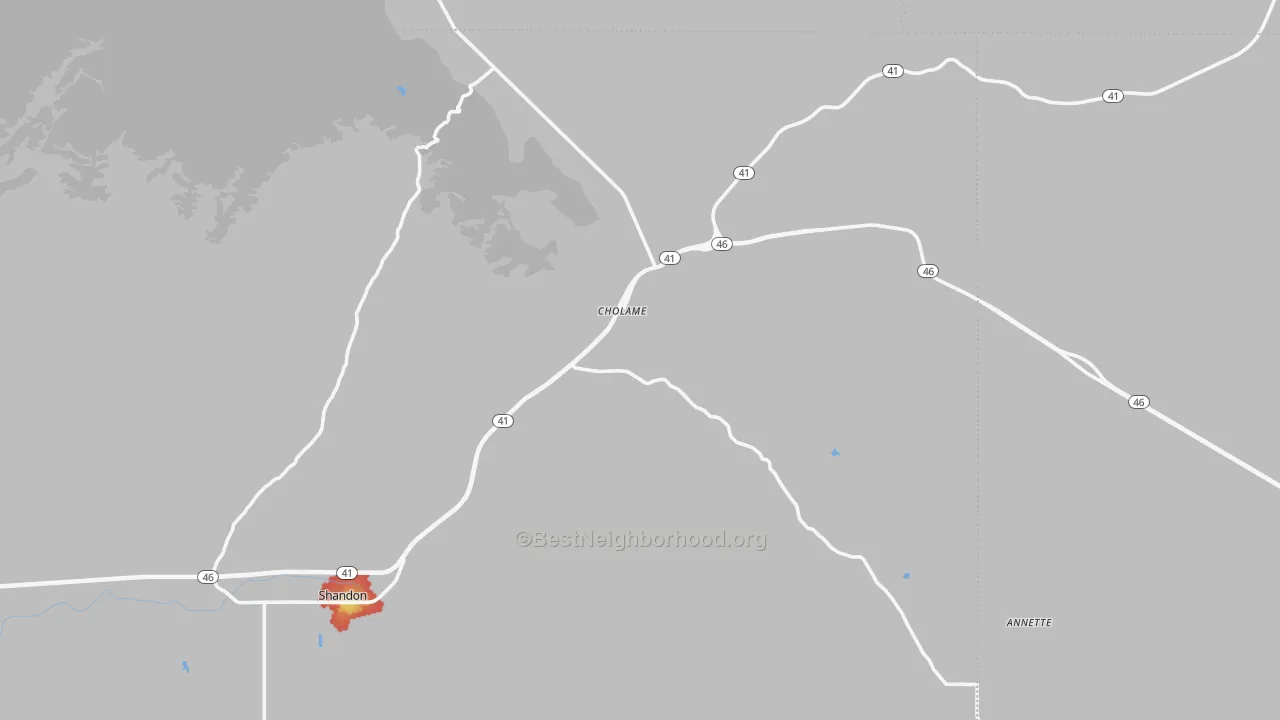 Walk Grade map of Cholame, CA, walkable areas in green and car-dependent areas in red