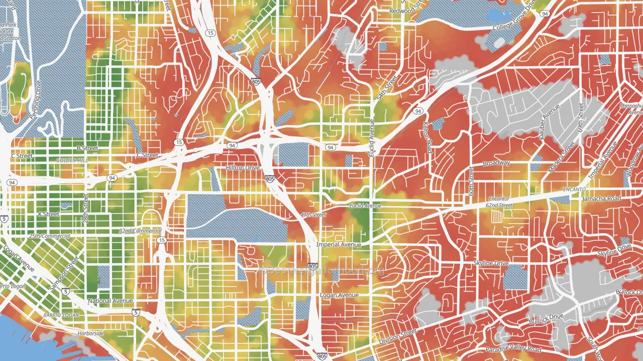 Walk Grade map of Chollas View, San Diego, CA, walkable areas in green and car-dependent areas in red