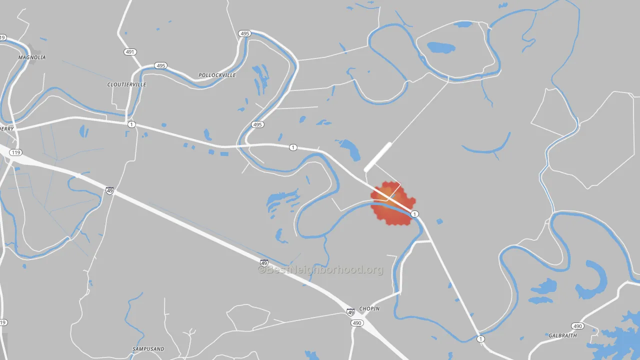 Walk Grade map of Chopin, LA, walkable areas in green and car-dependent areas in red