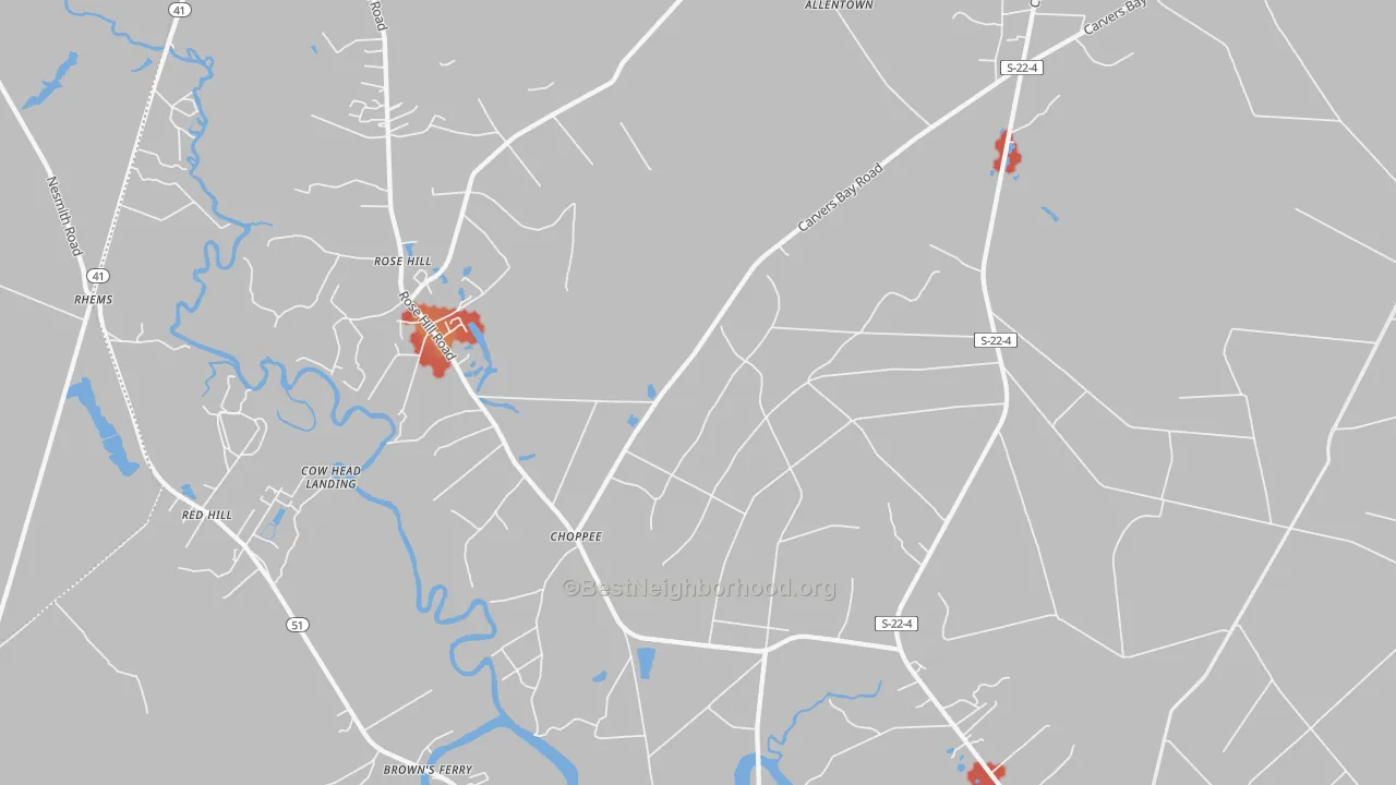 Walk Grade map of Choppee, SC, walkable areas in green and car-dependent areas in red