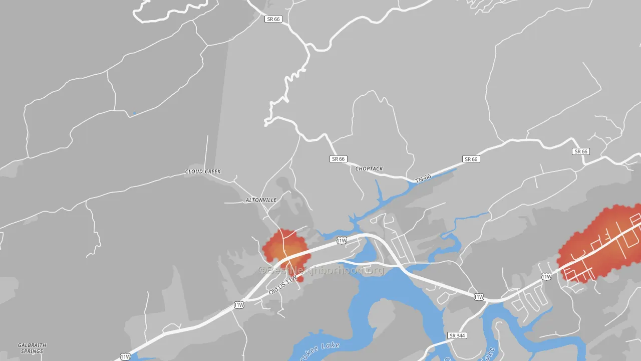 Walk Grade map of Choptack, TN, walkable areas in green and car-dependent areas in red