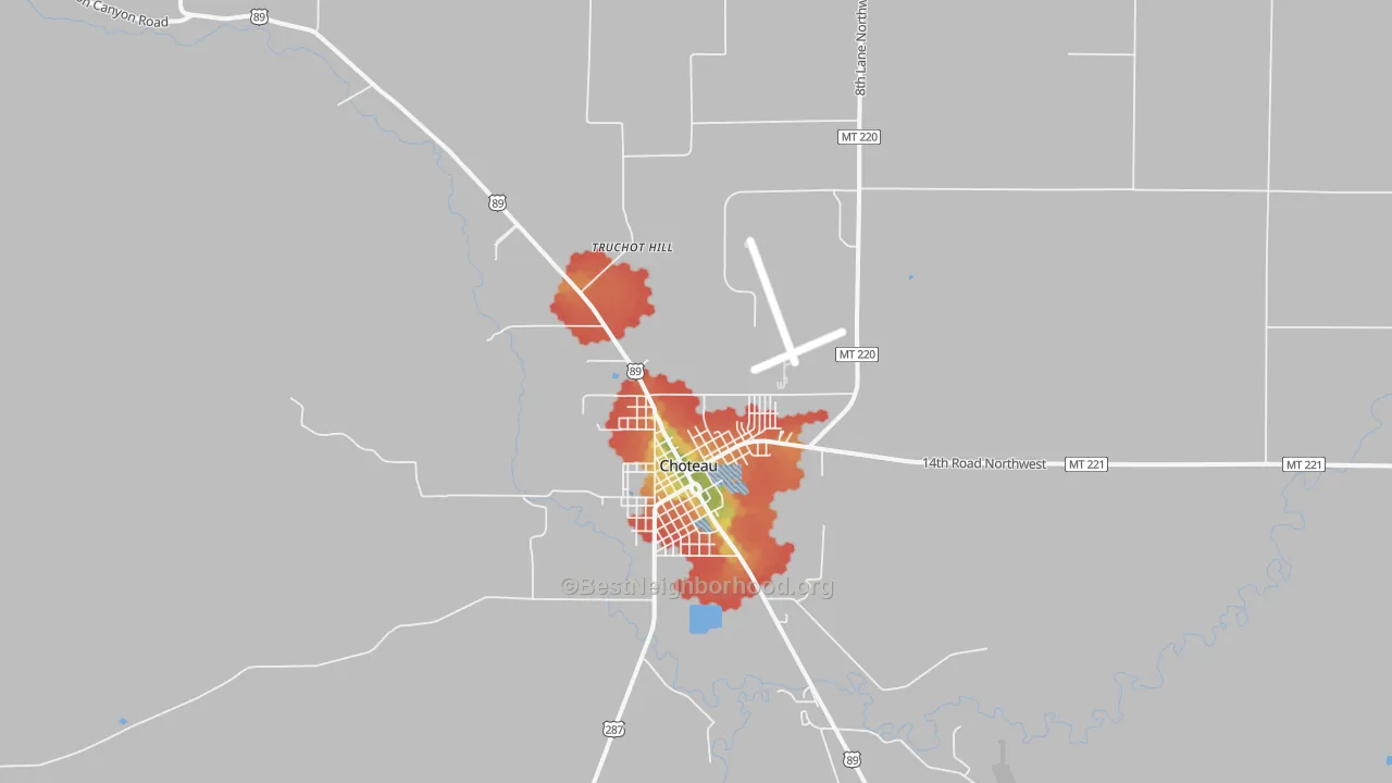 Walk Grade map of Choteau Junction, MT, walkable areas in green and car-dependent areas in red