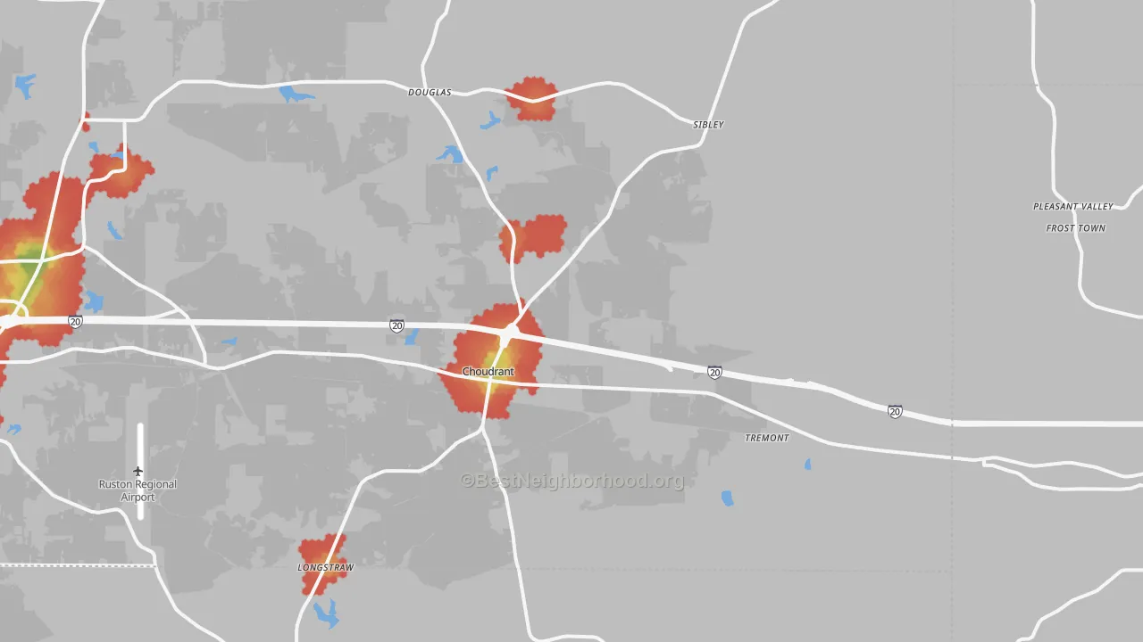 Walk Grade map of Choudrant, LA, walkable areas in green and car-dependent areas in red