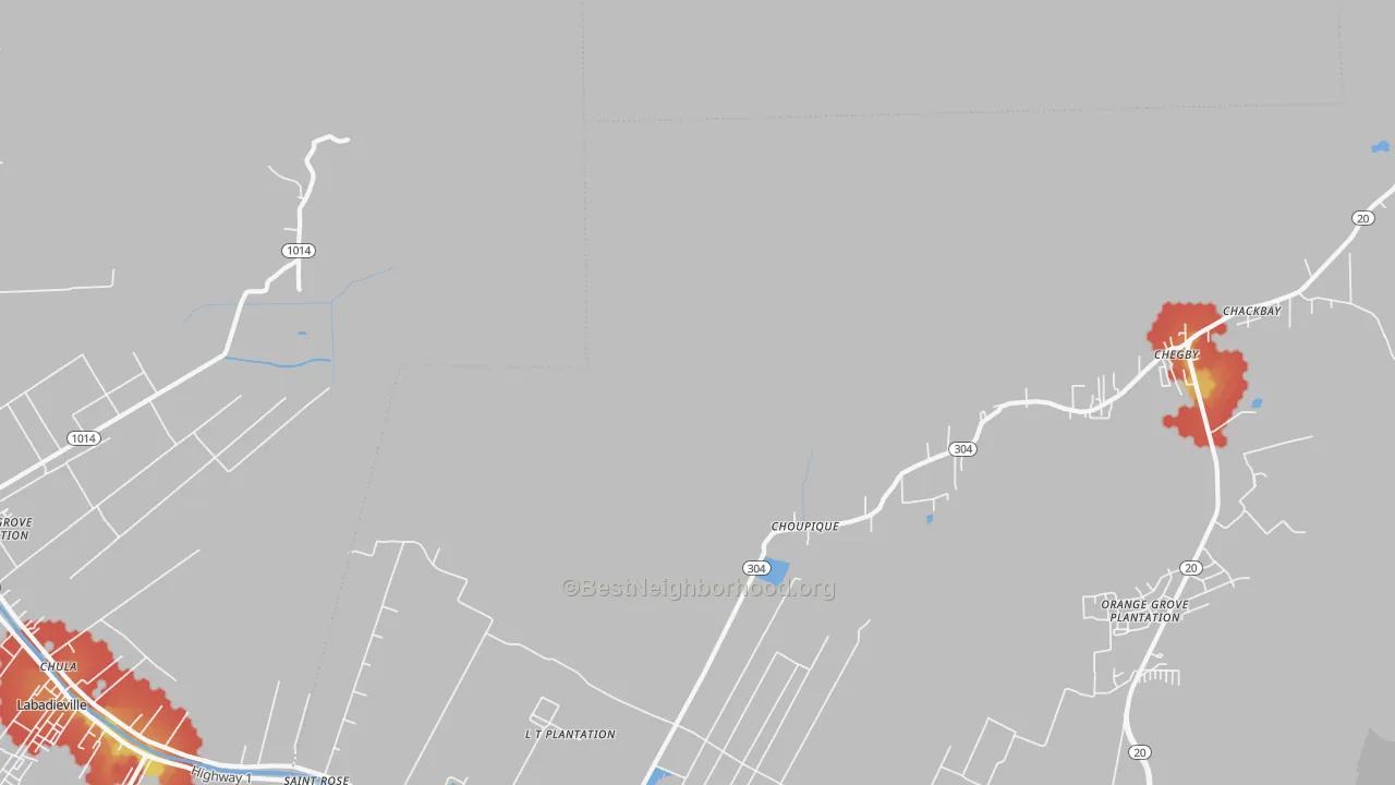 Walk Grade map of Choupique, LA, walkable areas in green and car-dependent areas in red
