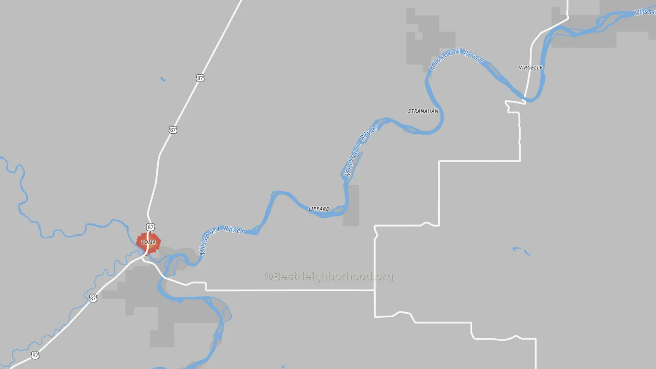 Walk Grade map of Chouteau County, MT, walkable areas in green and car-dependent areas in red
