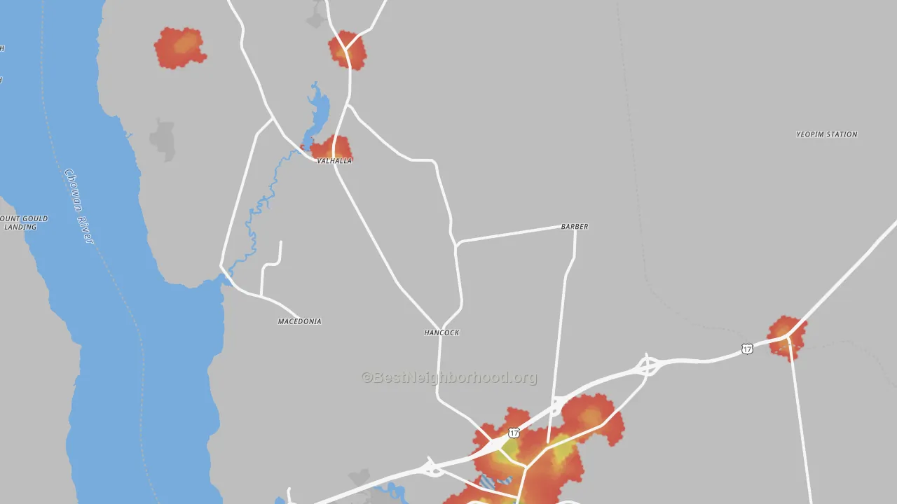 Walk Grade map of Chowan County, NC, walkable areas in green and car-dependent areas in red