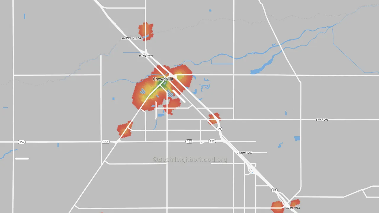Walk Grade map of Chowchilla, CA, walkable areas in green and car-dependent areas in red