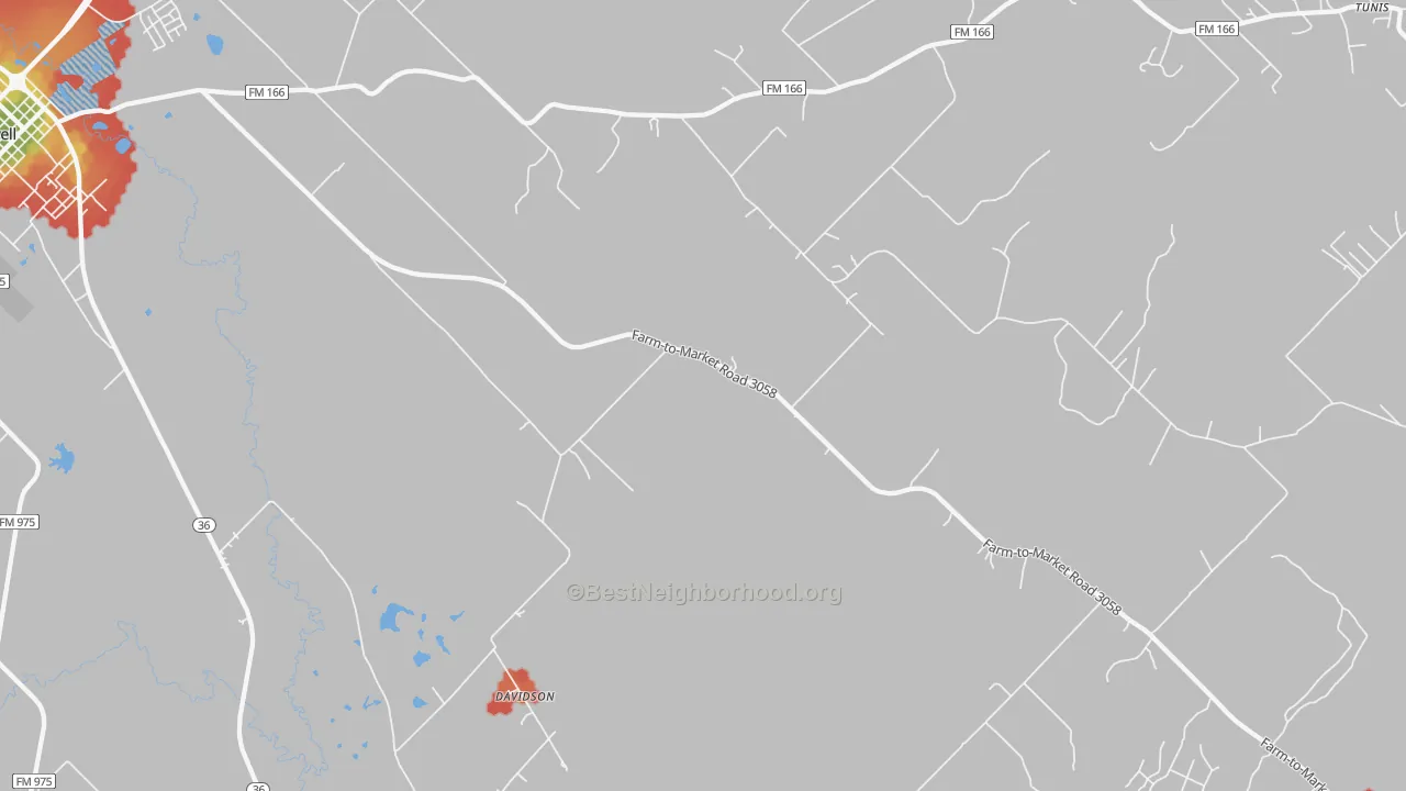 Walk Grade map of Chriesman, TX, walkable areas in green and car-dependent areas in red