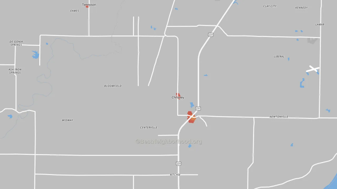 Walk Grade map of Chrisney, IN, walkable areas in green and car-dependent areas in red