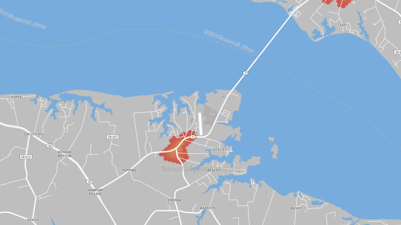 Walk Grade map of Christchurch, VA, walkable areas in green and car-dependent areas in red