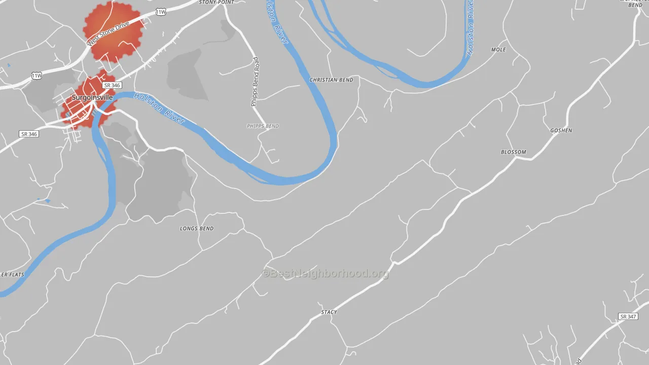 Walk Grade map of Christian Bend, TN, walkable areas in green and car-dependent areas in red