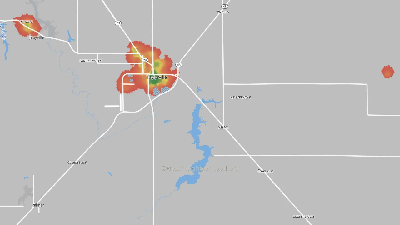 Walk Grade map of Christian County, IL, walkable areas in green and car-dependent areas in red