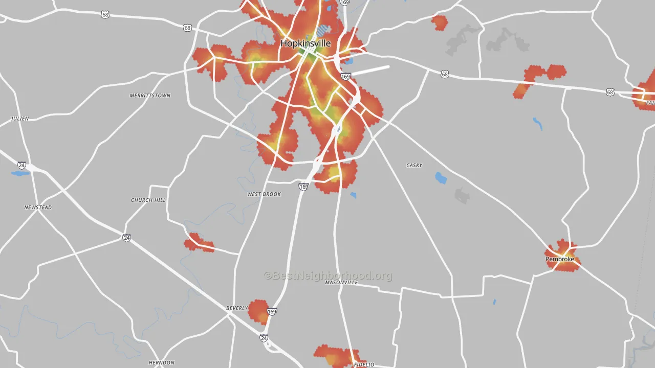 Walk Grade map of Christian County, KY, walkable areas in green and car-dependent areas in red