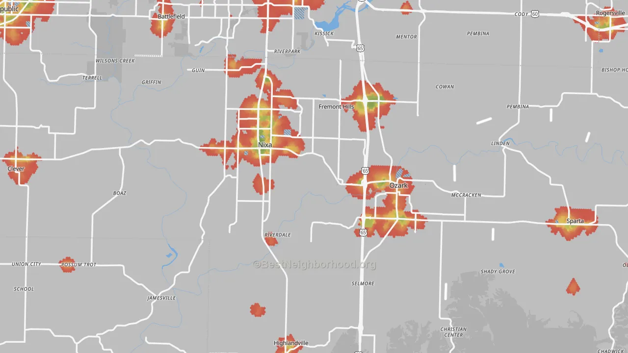 Walk Grade map of Christian County, MO, walkable areas in green and car-dependent areas in red