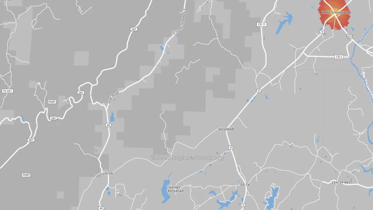 Walk Grade map of Christiana, AL, walkable areas in green and car-dependent areas in red