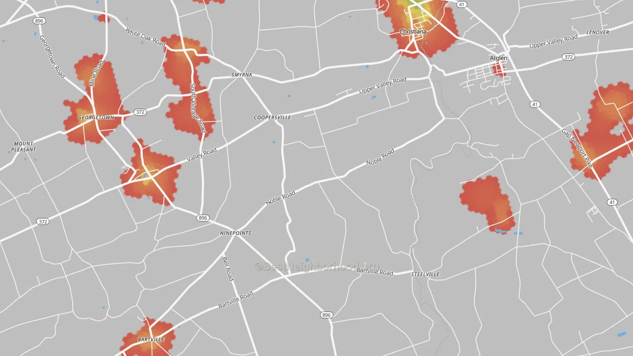Walk Grade map of Christiana, PA, walkable areas in green and car-dependent areas in red