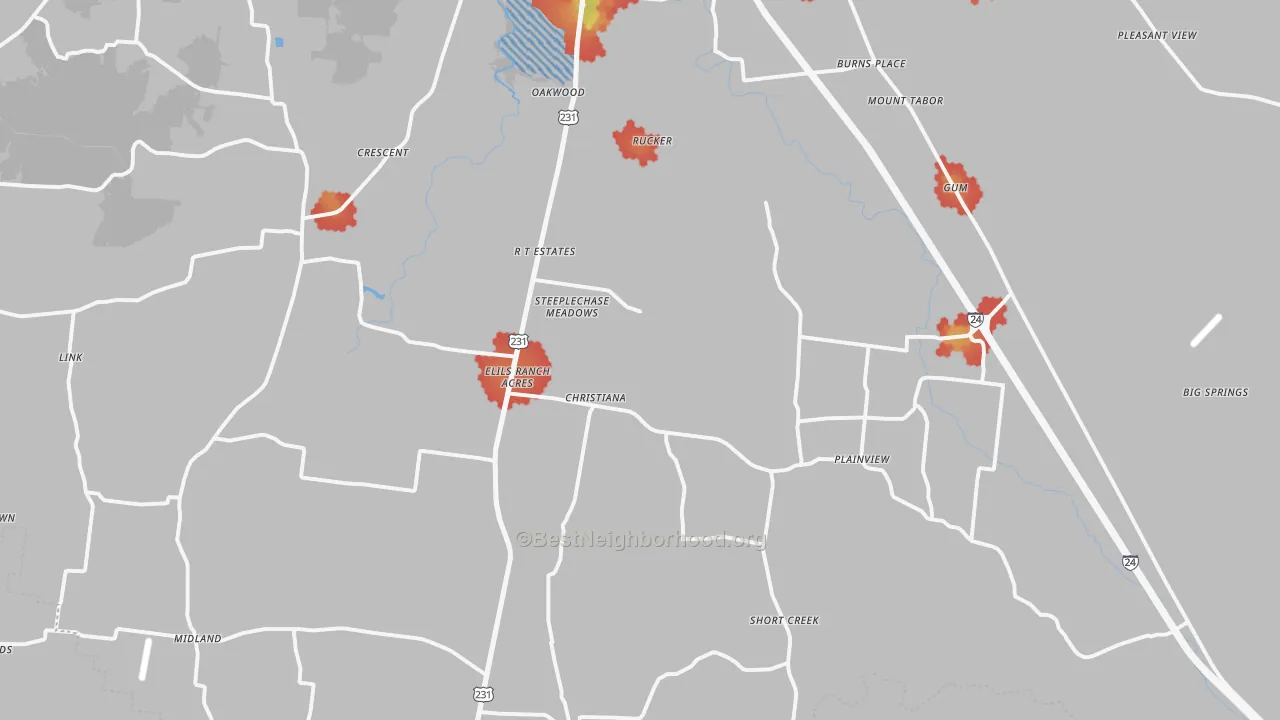 Walk Grade map of Christiana, TN, walkable areas in green and car-dependent areas in red