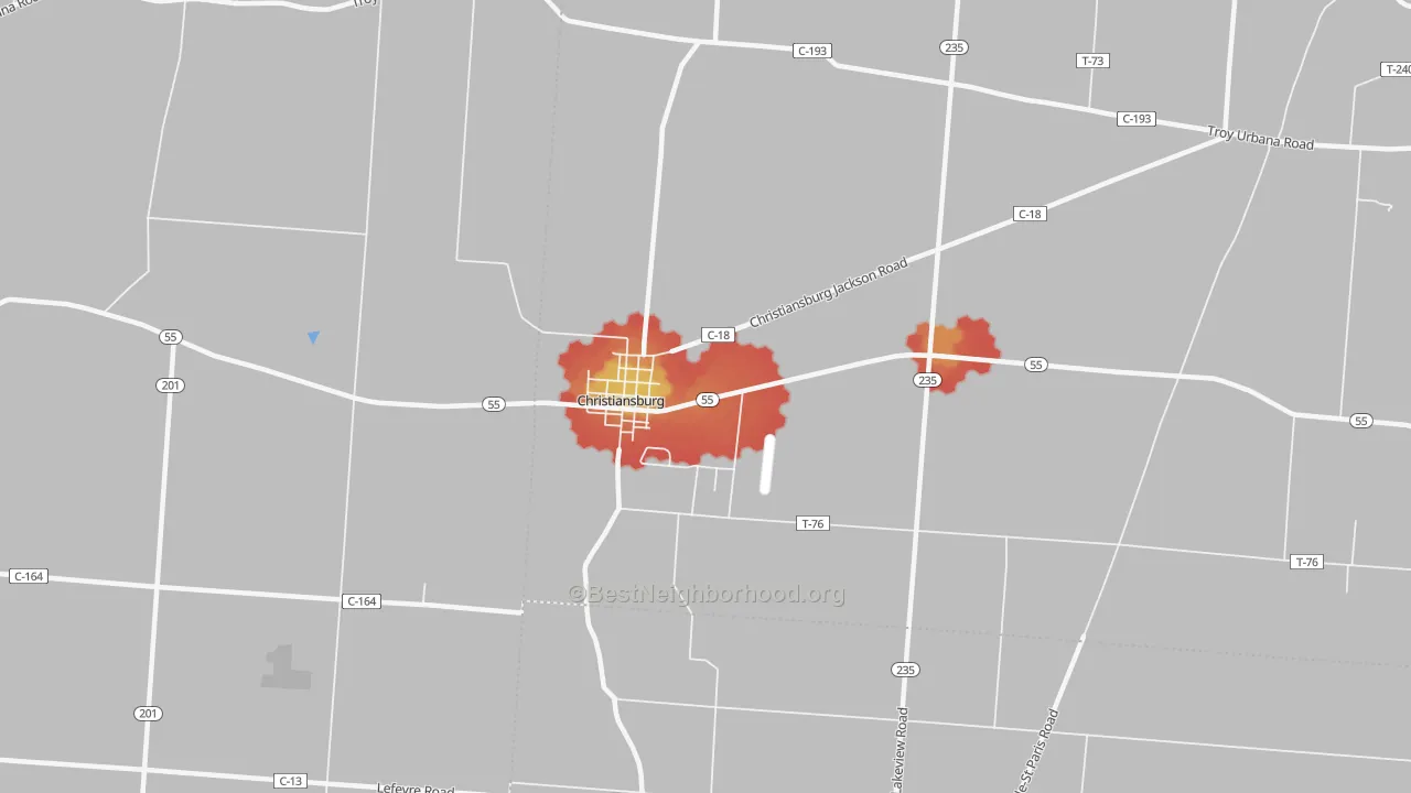 Walk Grade map of Christiansburg, OH, walkable areas in green and car-dependent areas in red