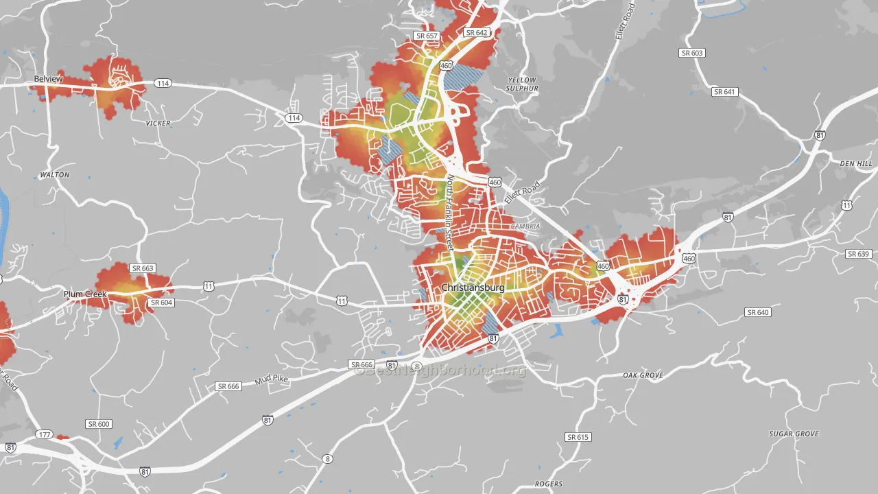Walk Grade map of Christiansburg, VA, walkable areas in green and car-dependent areas in red
