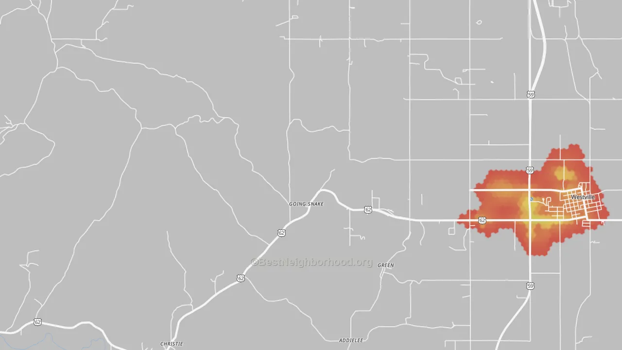 Walk Grade map of Christie, OK, walkable areas in green and car-dependent areas in red