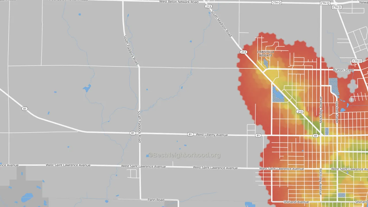 Walk Grade map of Christilla Heights, WI, walkable areas in green and car-dependent areas in red