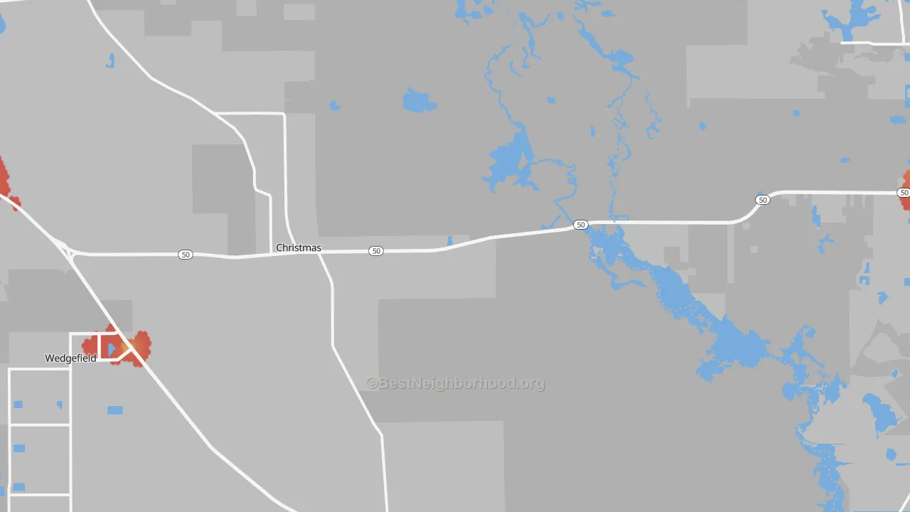 Walk Grade map of Christmas, FL, walkable areas in green and car-dependent areas in red