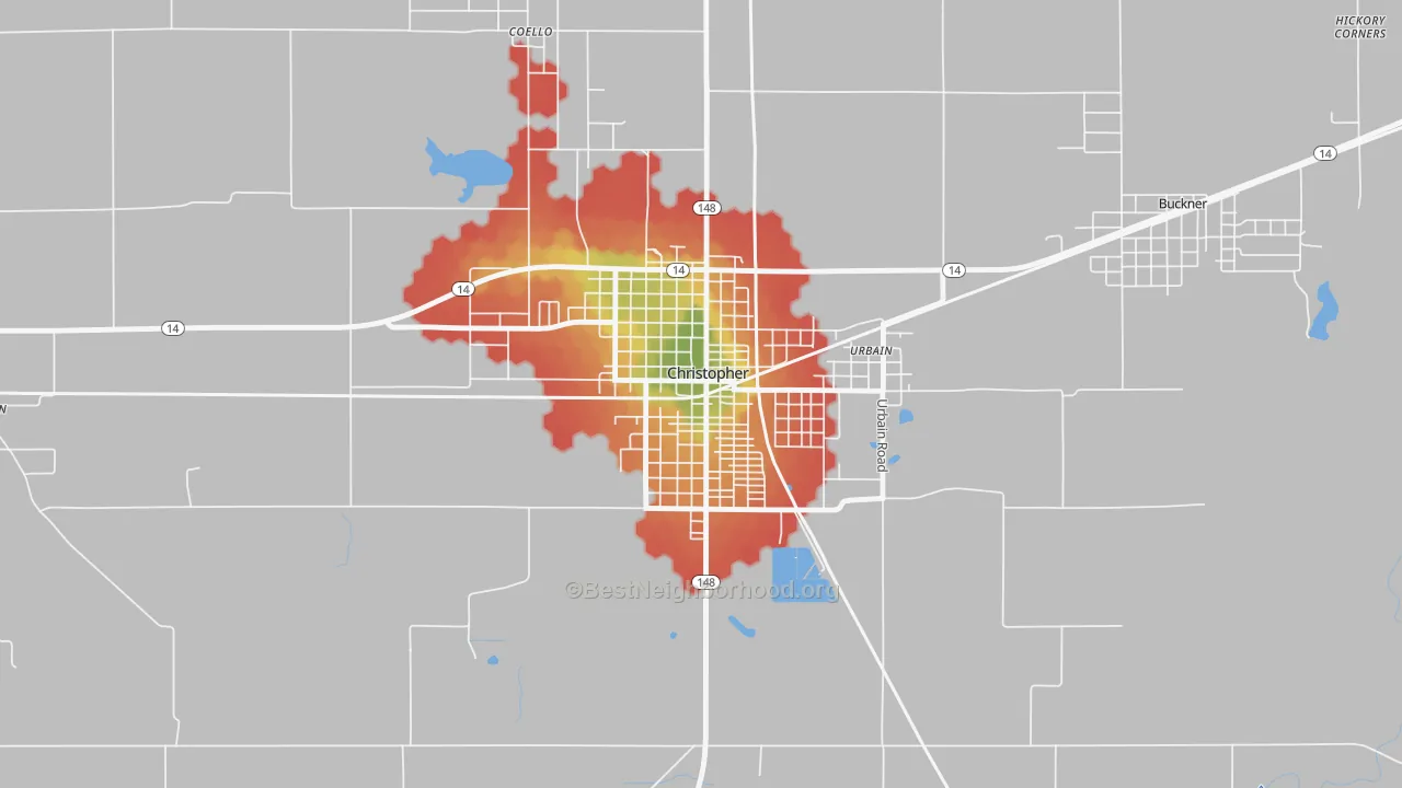 Walk Grade map of Christopher, IL, walkable areas in green and car-dependent areas in red