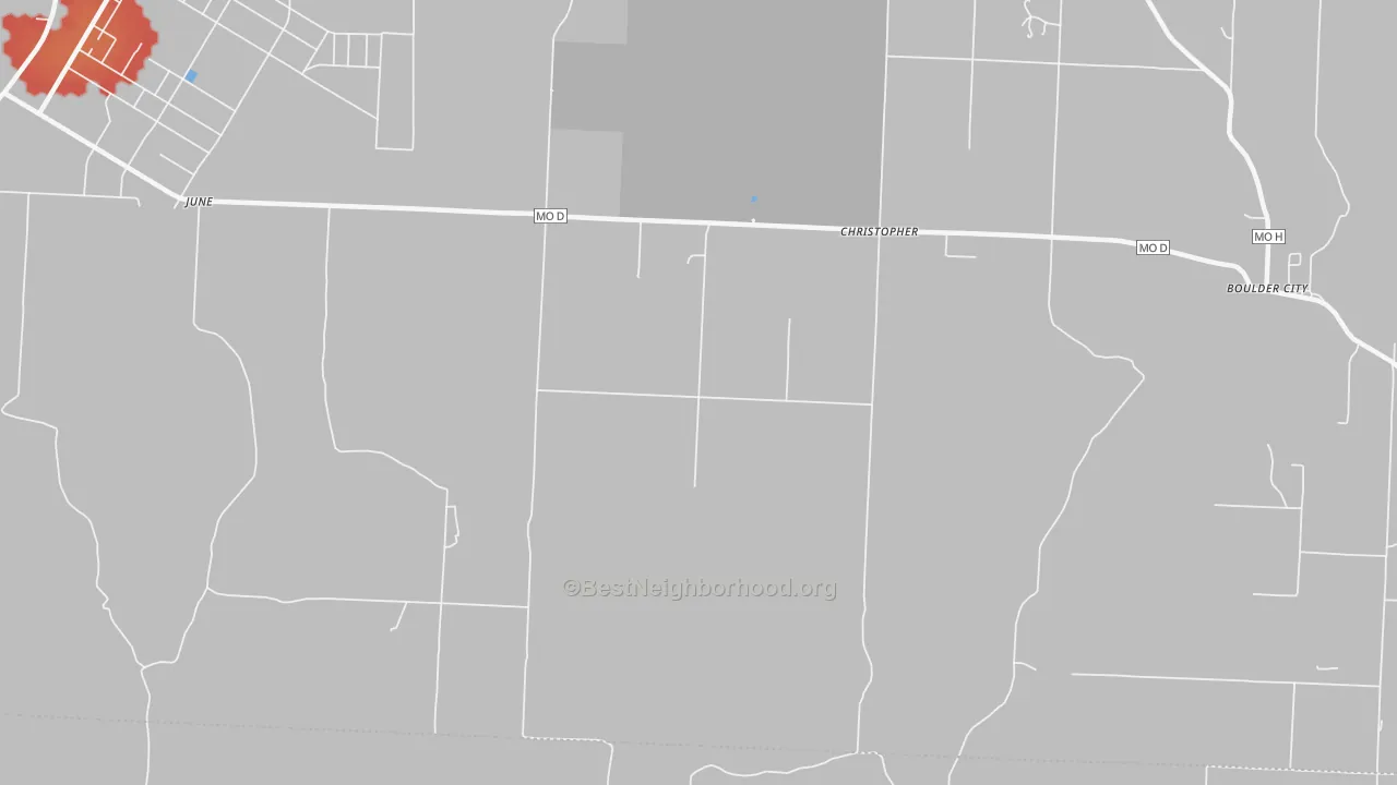 Walk Grade map of Christopher, MO, walkable areas in green and car-dependent areas in red