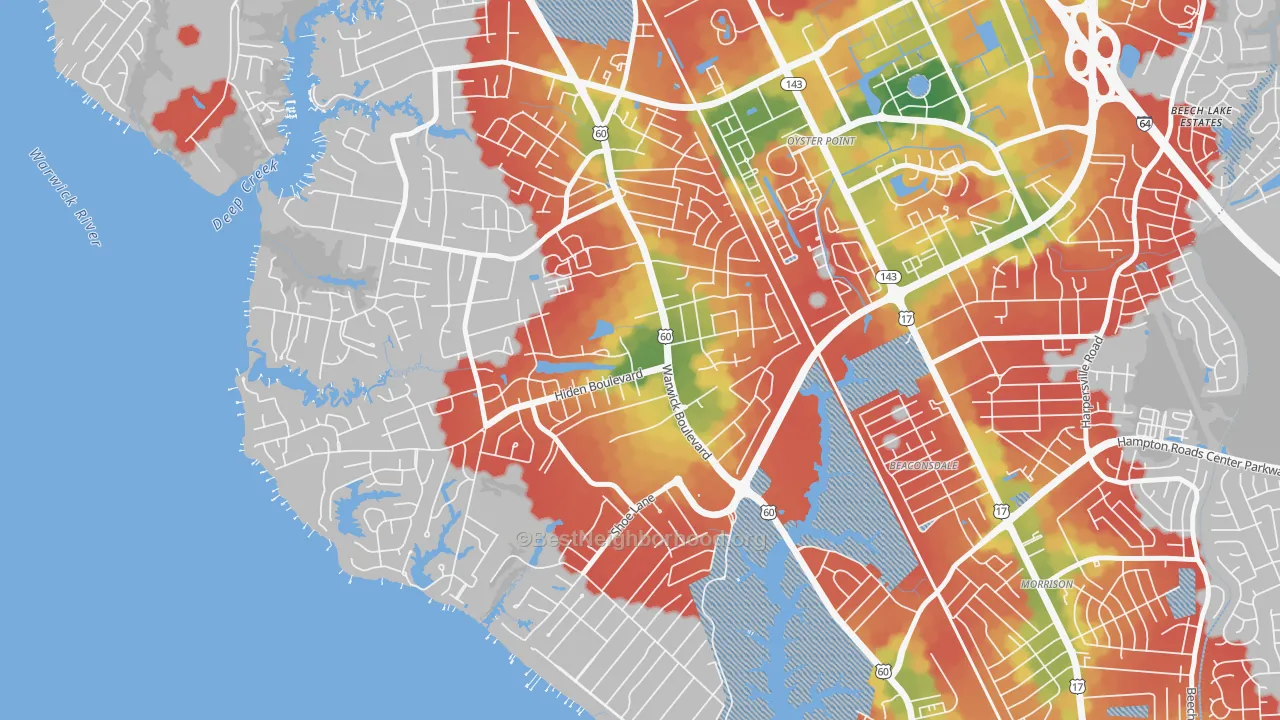 Walk Grade map of Christopher Newport, Newport News, VA, walkable areas in green and car-dependent areas in red