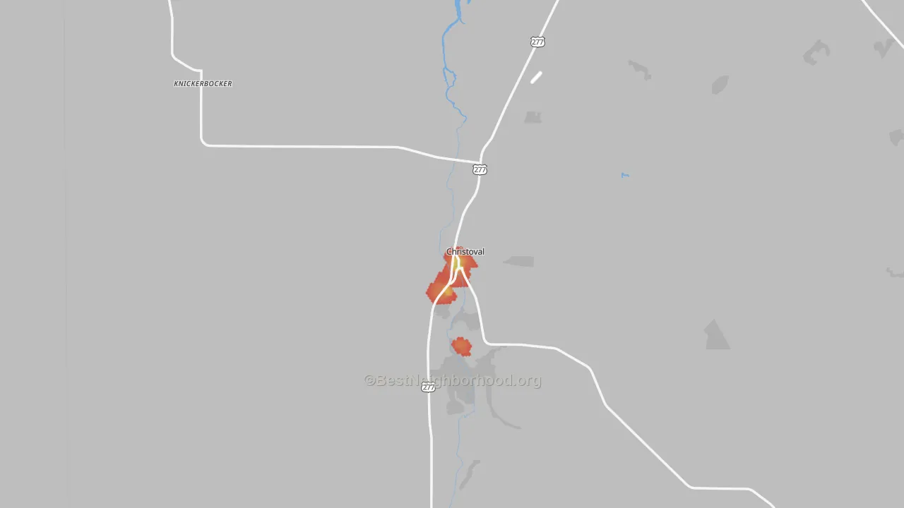 Walk Grade map of Christoval, TX, walkable areas in green and car-dependent areas in red