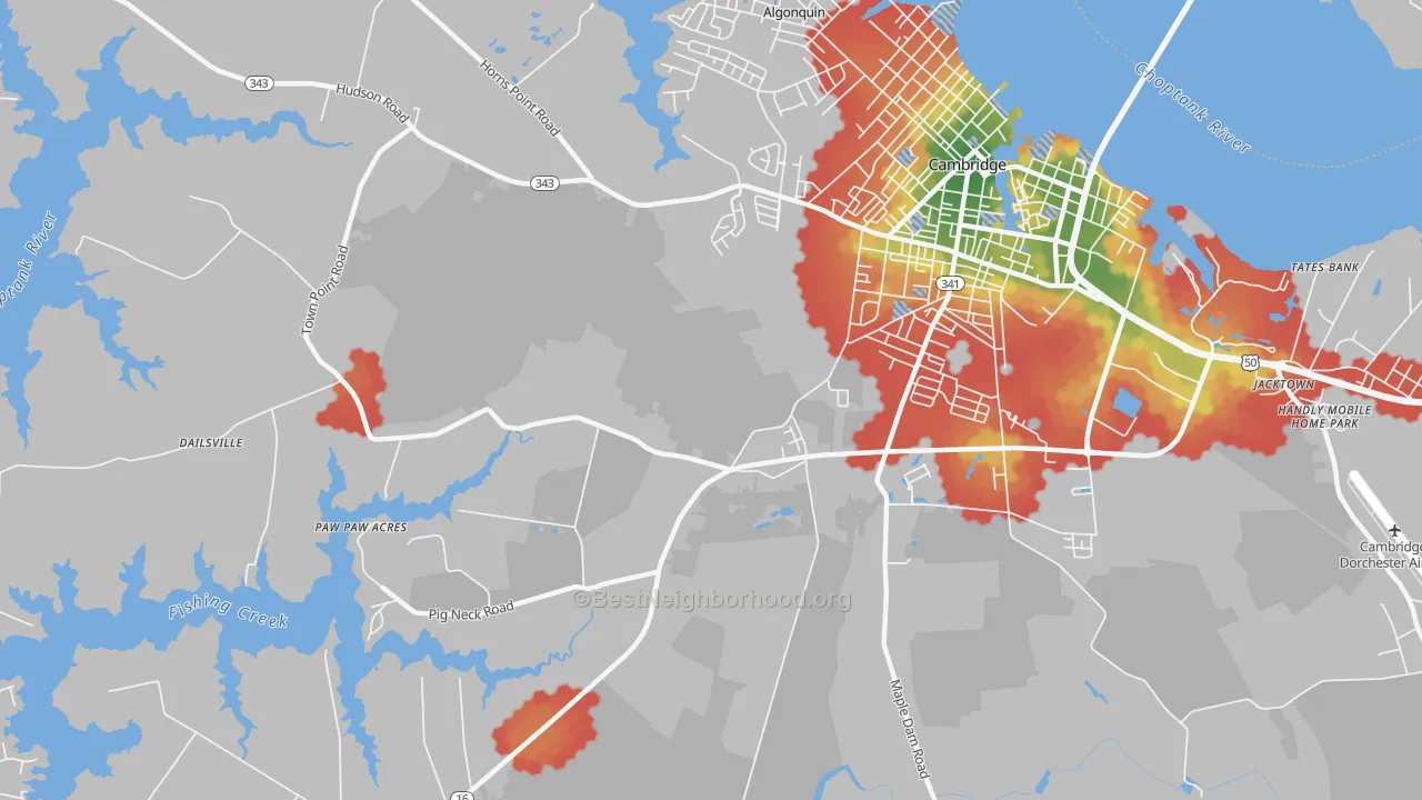 Walk Grade map of Christs Rock, MD, walkable areas in green and car-dependent areas in red