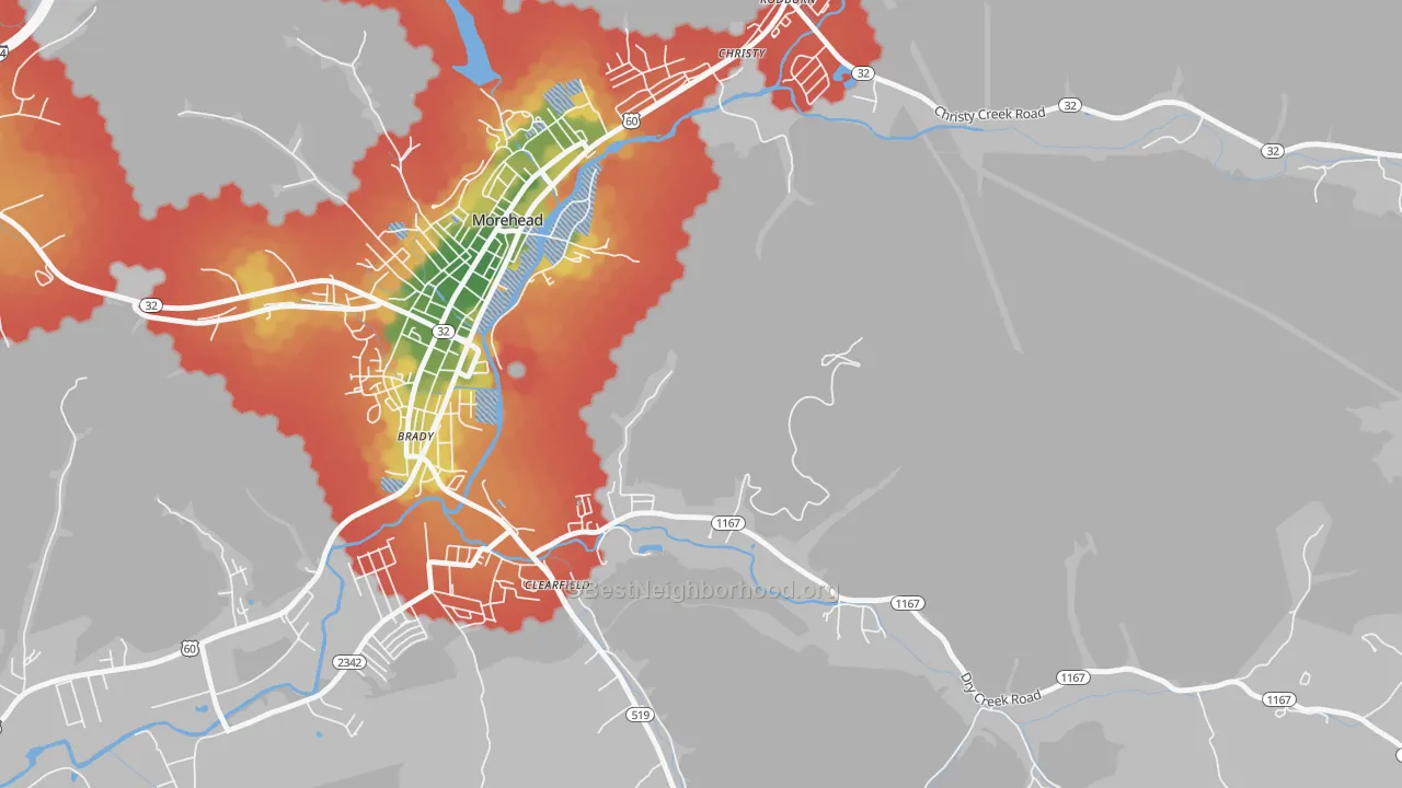Walk Grade map of Christy, KY, walkable areas in green and car-dependent areas in red