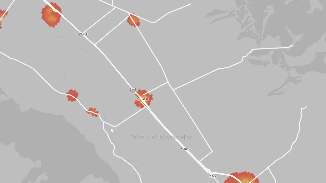 Walk Grade map of Chualar, CA, walkable areas in green and car-dependent areas in red