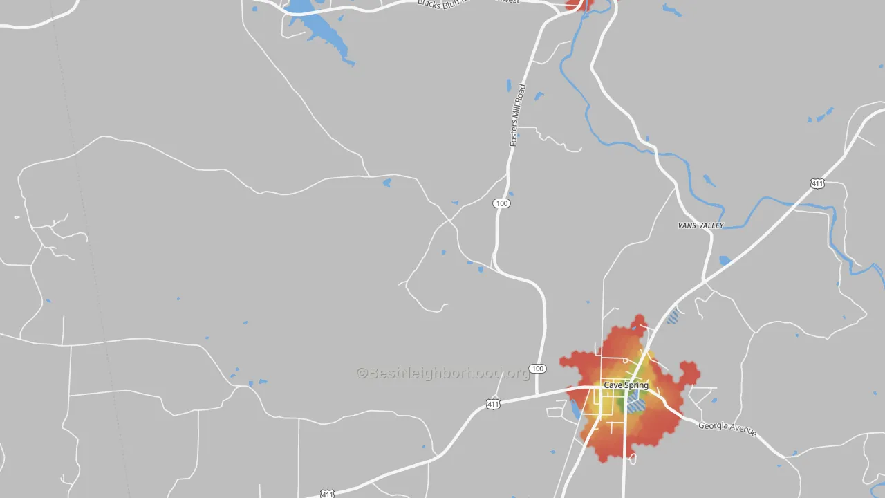 Walk Grade map of Chubbtown, GA, walkable areas in green and car-dependent areas in red