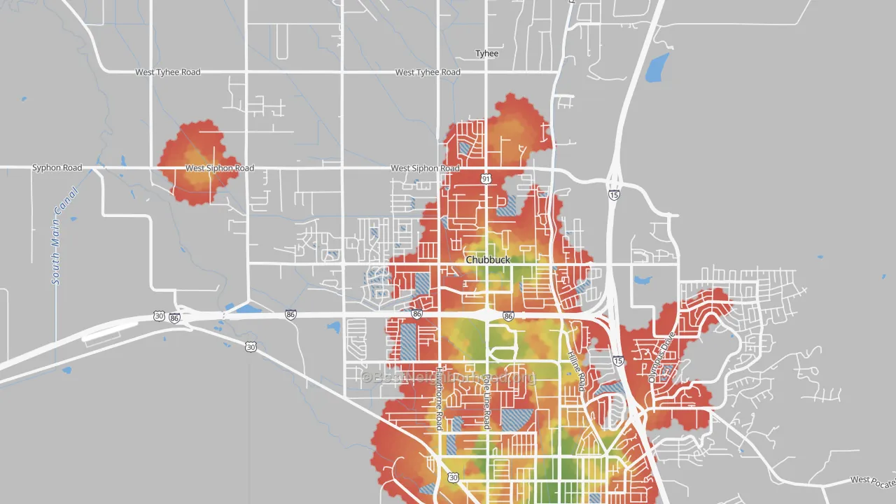 Walk Grade map of Chubbuck, ID, walkable areas in green and car-dependent areas in red