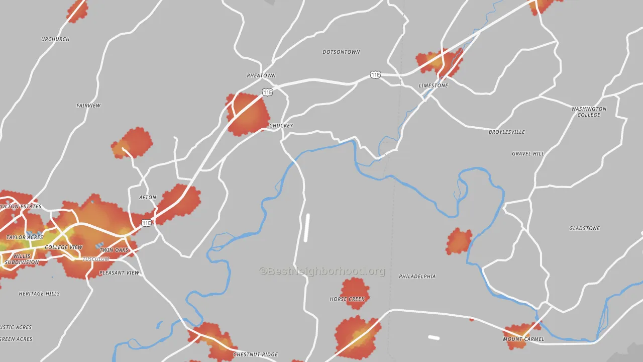 Walk Grade map of Chuckey, TN, walkable areas in green and car-dependent areas in red