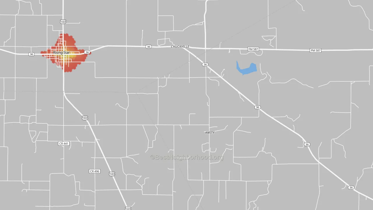 Walk Grade map of Chuckville, TX, walkable areas in green and car-dependent areas in red