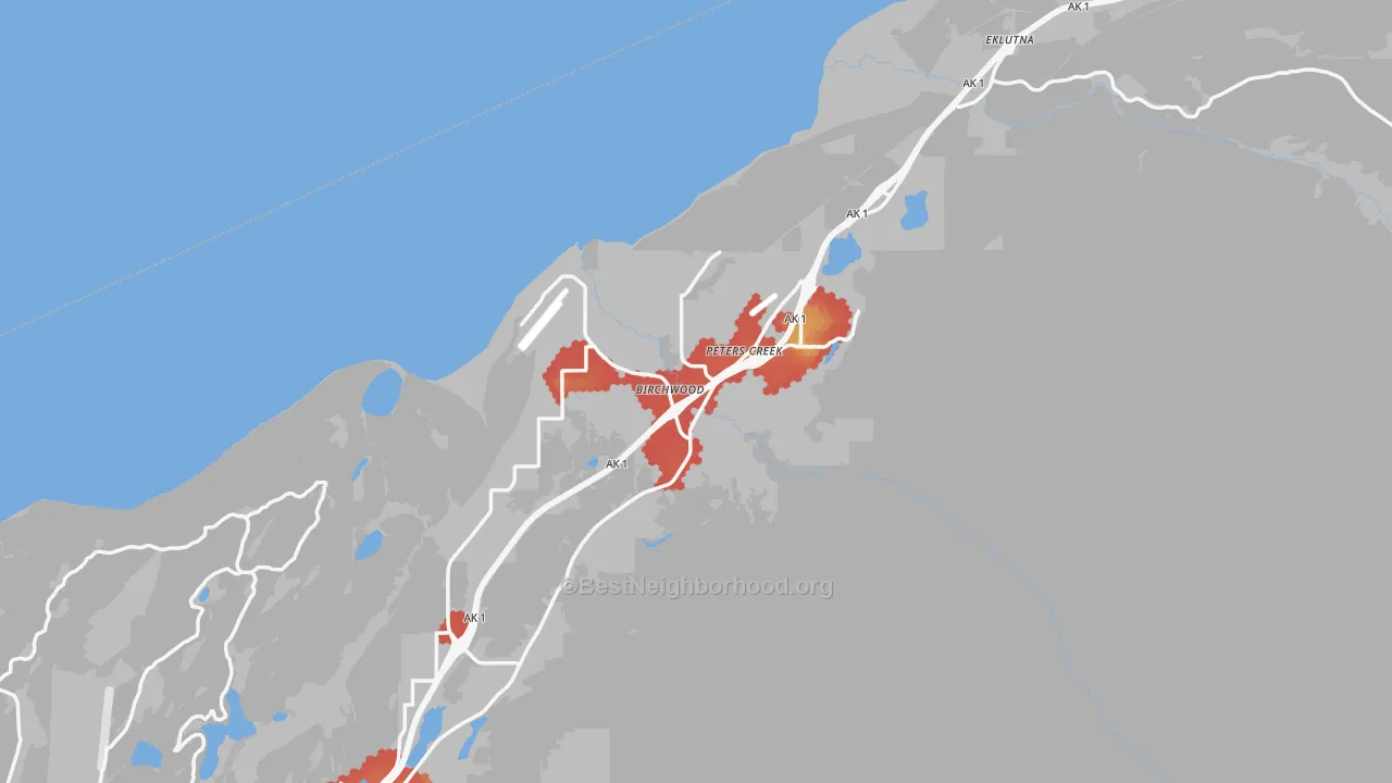 Walk Grade map of Chugiak, AK, walkable areas in green and car-dependent areas in red