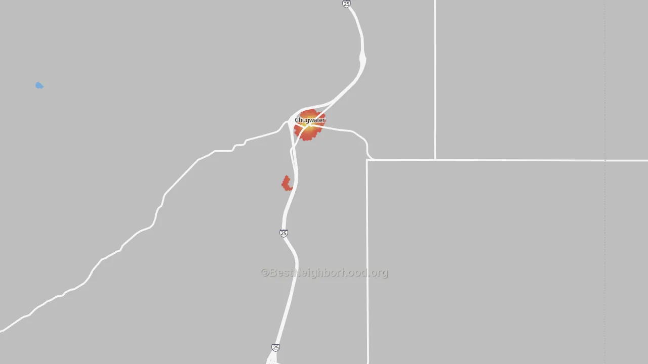 Walk Grade map of Chugwater, WY, walkable areas in green and car-dependent areas in red