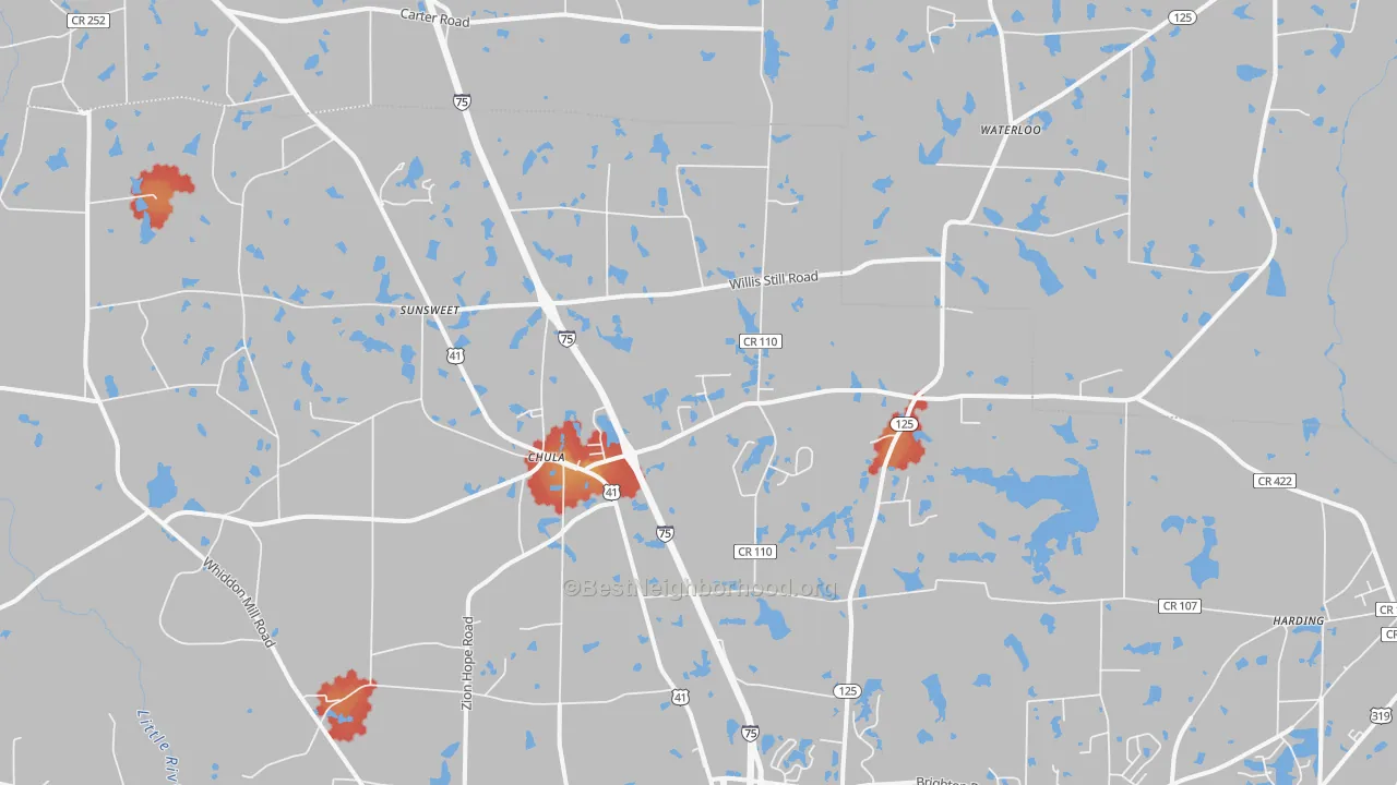 Walk Grade map of Chula, GA, walkable areas in green and car-dependent areas in red