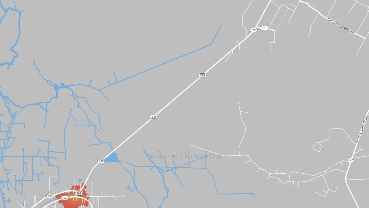 Walk Grade map of Chula, LA, walkable areas in green and car-dependent areas in red