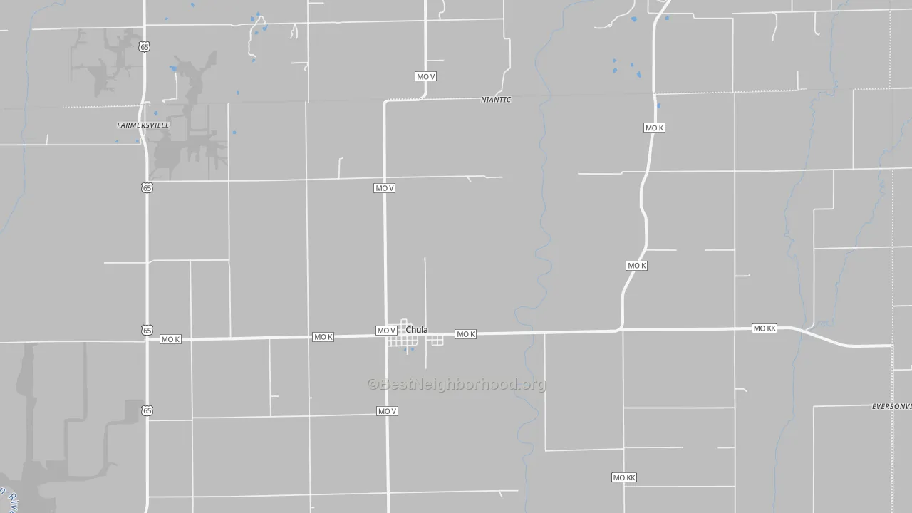 Walk Grade map of Chula, MO, walkable areas in green and car-dependent areas in red