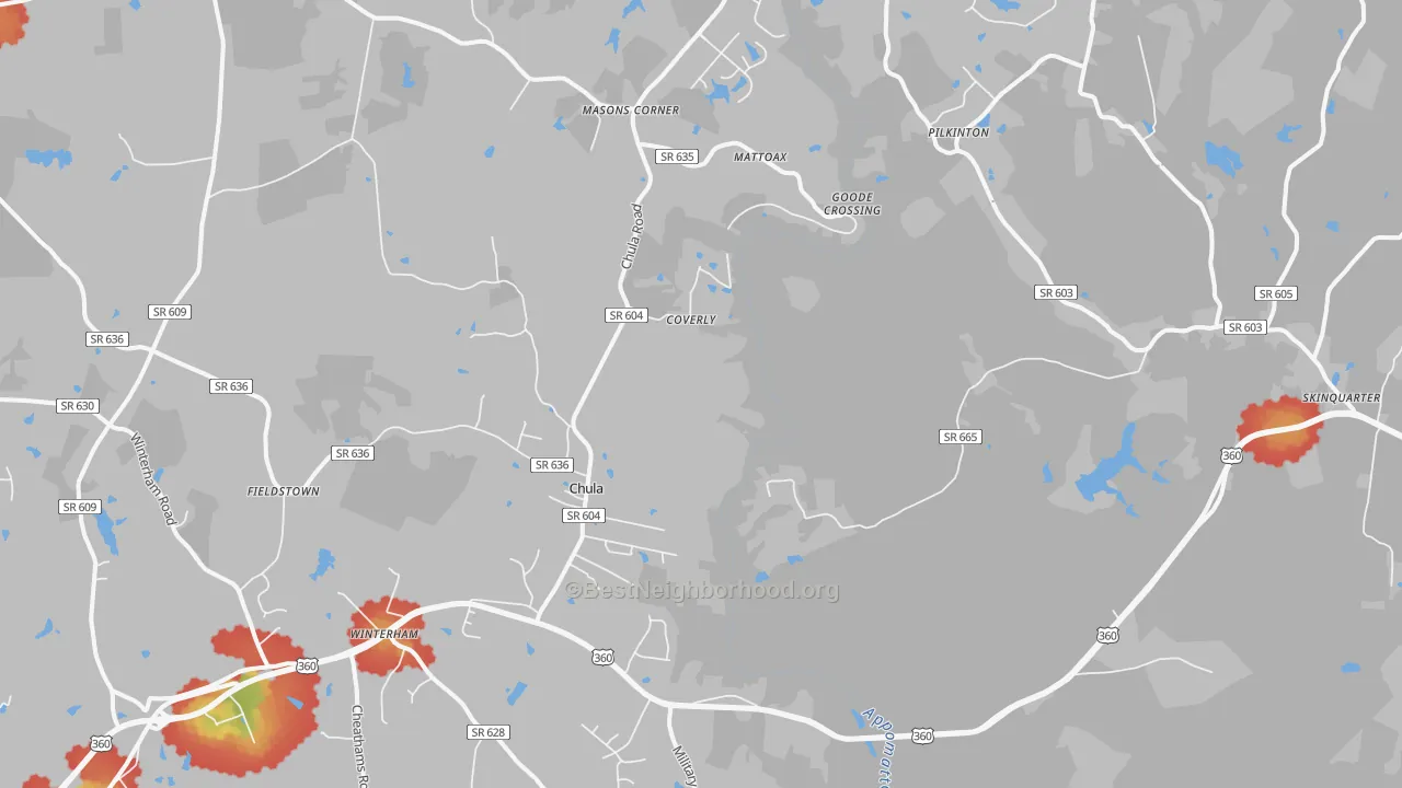 Walk Grade map of Chula, VA, walkable areas in green and car-dependent areas in red