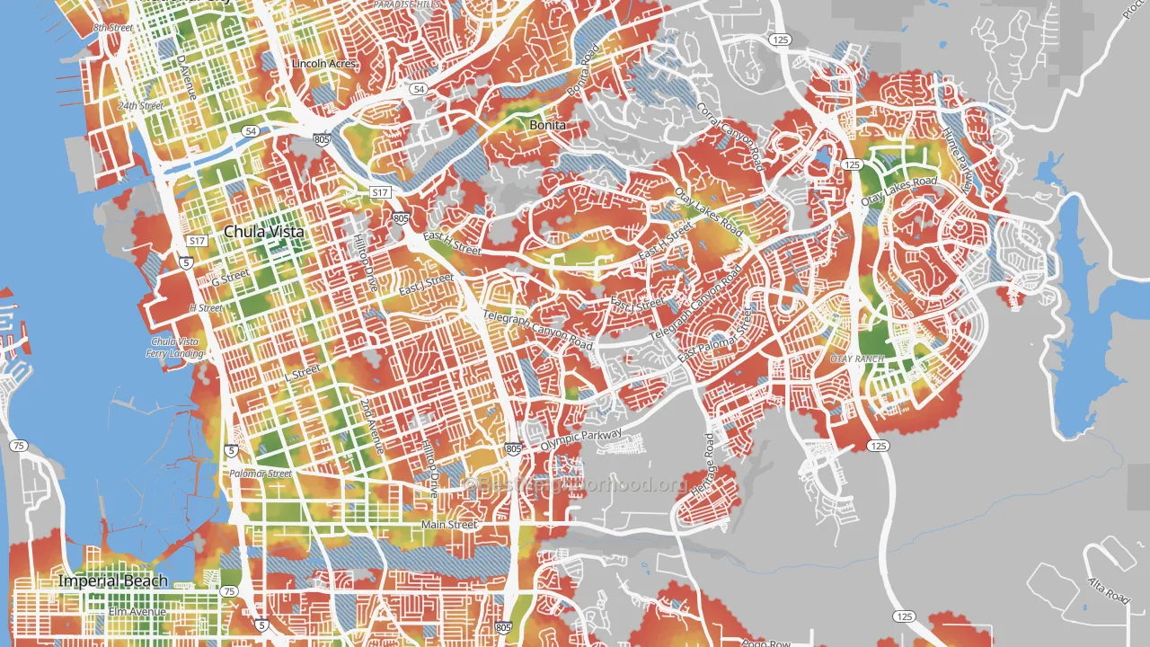 Walk Grade map of Chula Vista, CA, walkable areas in green and car-dependent areas in red