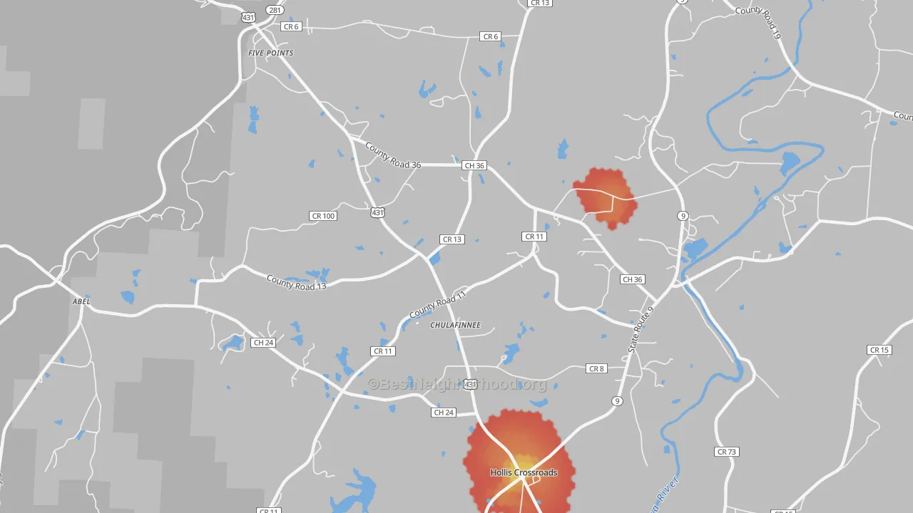 Walk Grade map of Chulafinnee, AL, walkable areas in green and car-dependent areas in red