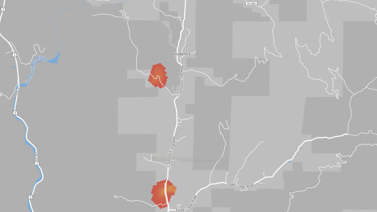 Walk Grade map of Chumstick, WA, walkable areas in green and car-dependent areas in red