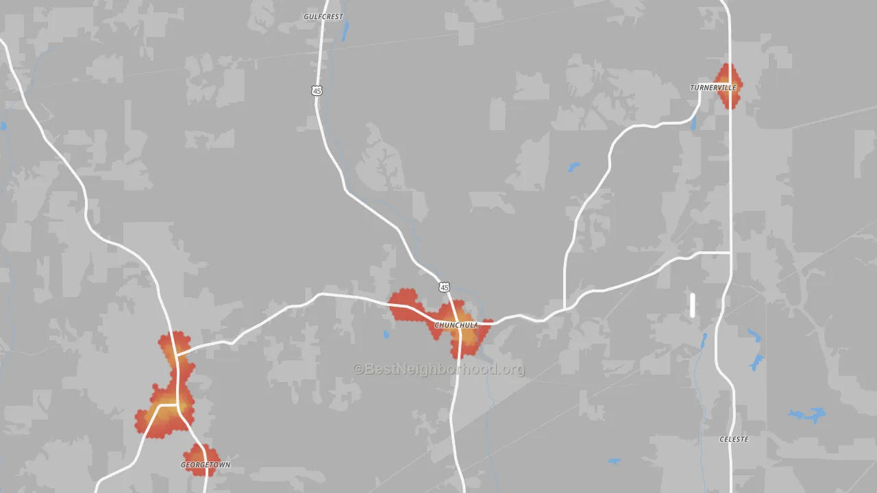 Walk Grade map of Chunchula, AL, walkable areas in green and car-dependent areas in red